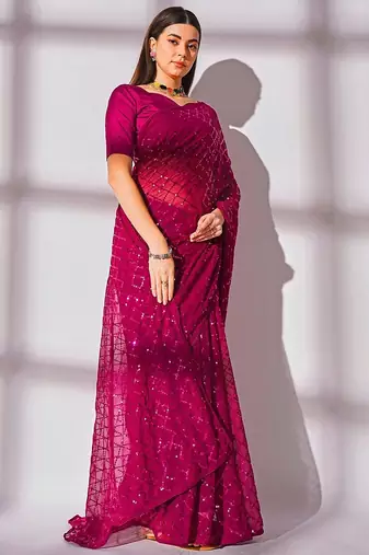Women gorgette pink zari lace work saree