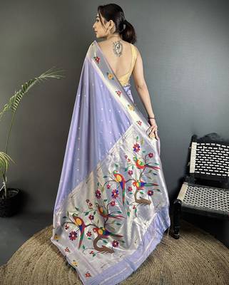 Women lavender parrot & floral woven design lichi silk blend saree 3