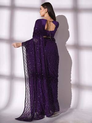 Women gorgette wine zari lace work saree 2