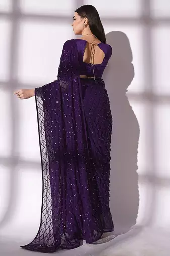 Women gorgette wine zari lace work saree