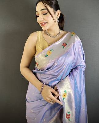 Women lavender parrot & floral woven design lichi silk blend saree 4