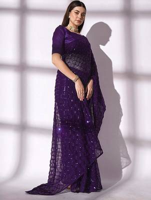 Women gorgette wine zari lace work saree 1