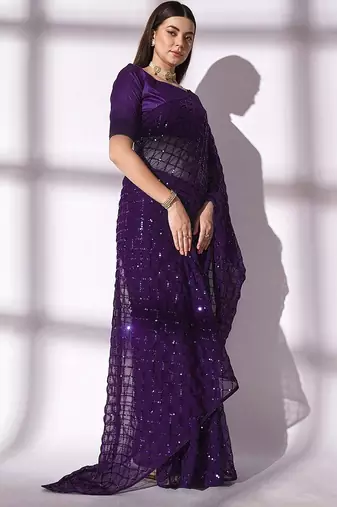 Women gorgette wine zari lace work saree