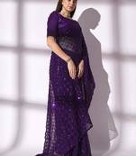 Women gorgette wine zari lace work saree