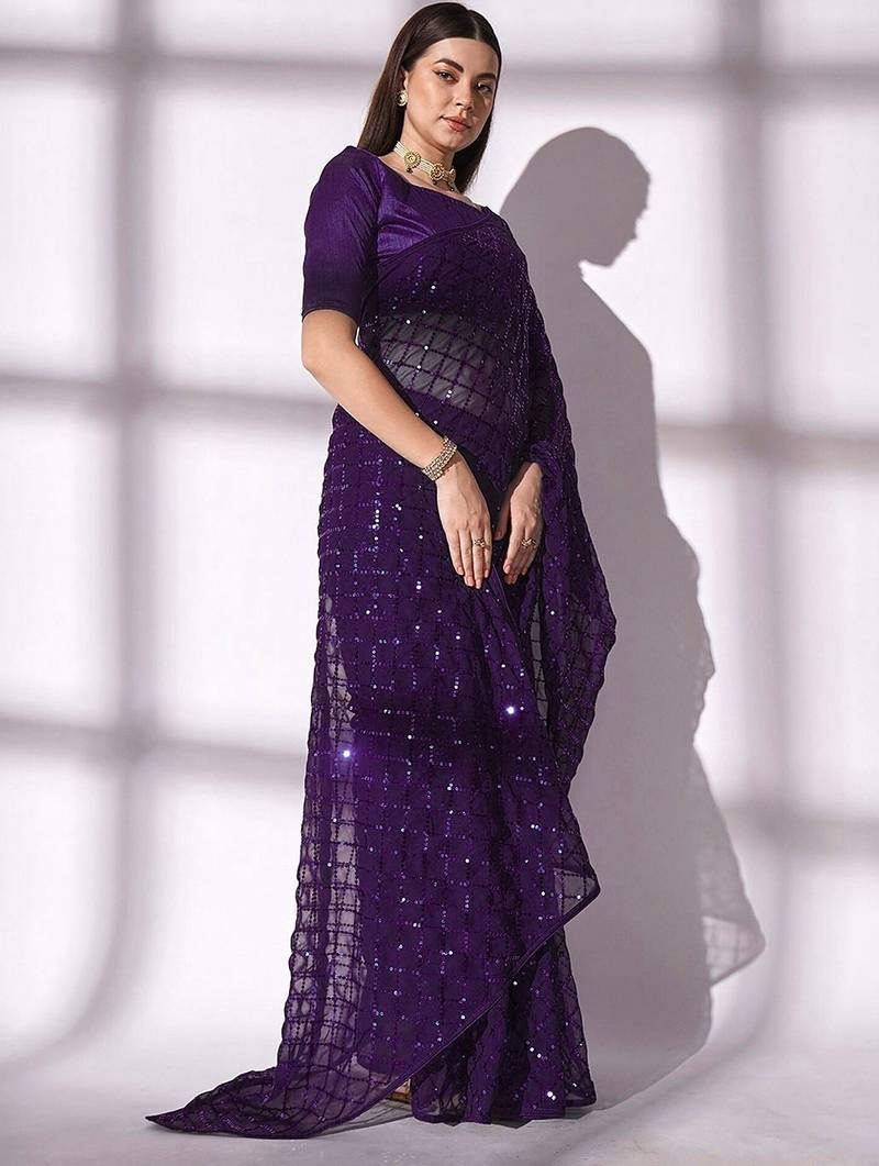 Women gorgette wine zari lace work saree