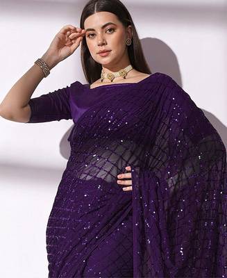 Women gorgette wine zari lace work saree 4