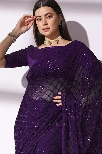 Women gorgette wine zari lace work saree