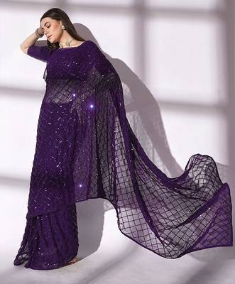 Women gorgette wine zari lace work saree 5