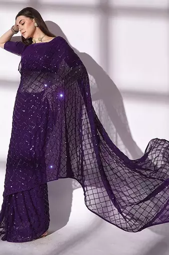 Women gorgette wine zari lace work saree