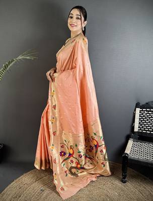 Women peach parrot & floral woven design lichi silk blend saree 2