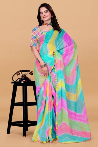 Women gorgette multi color zari lace work saree