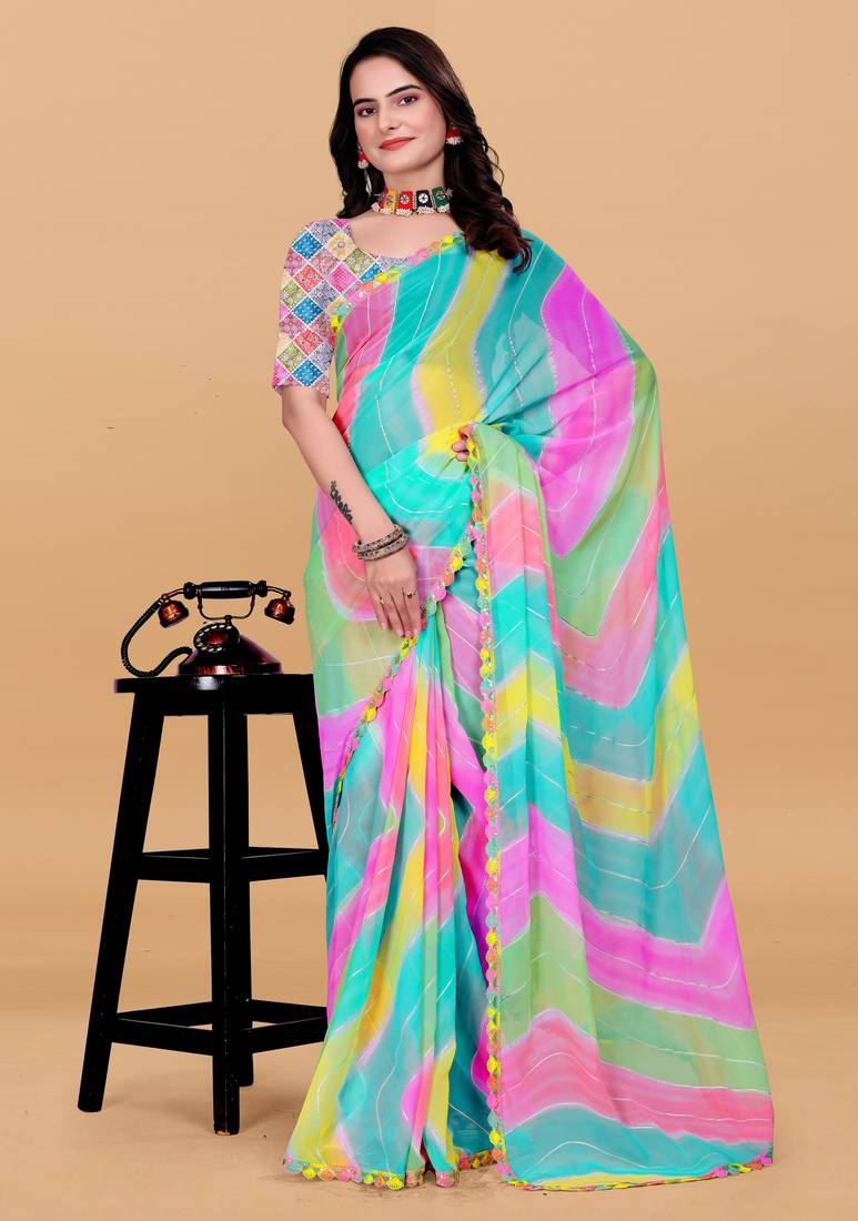 Women gorgette multi color zari lace work saree
