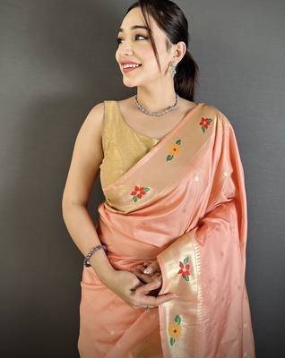 Women peach parrot & floral woven design lichi silk blend saree 4