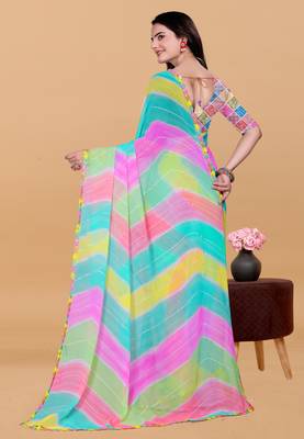 Women gorgette multi color zari lace work saree 2
