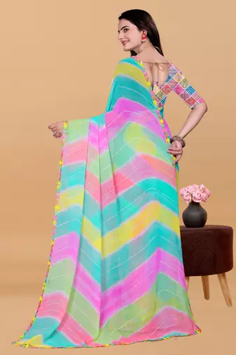 Women gorgette multi color zari lace work saree
