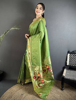Women green parrot & floral woven design lichi silk blend saree 2