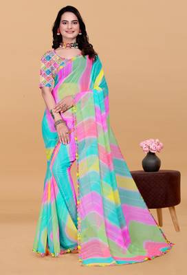 Women gorgette multi color zari lace work saree 4