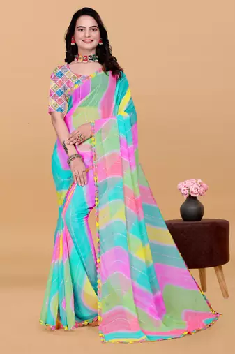 Women gorgette multi color zari lace work saree
