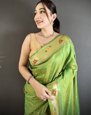 Women green parrot & floral woven design lichi silk blend saree 4