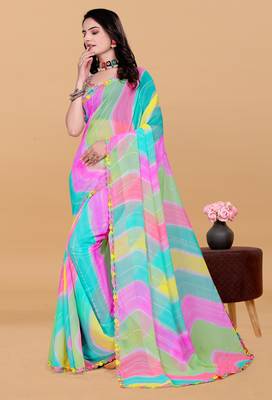 Women gorgette multi color zari lace work saree 5