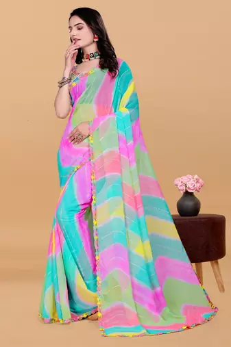 Women gorgette multi color zari lace work saree
