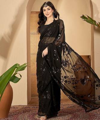 Women gorgette black zari lace work saree 3