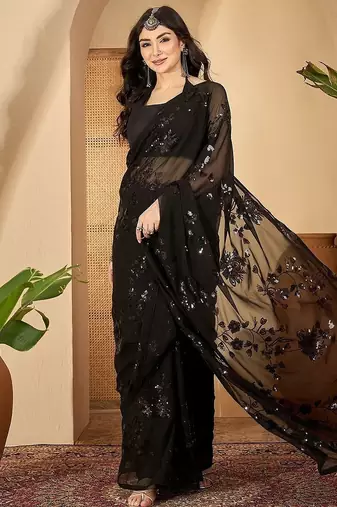 Women gorgette black zari lace work saree