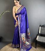 Women royal blue parrot & floral woven design lichi silk saree