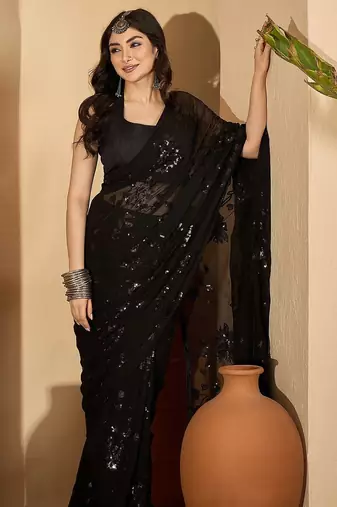 Women gorgette black zari lace work saree