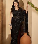 Women gorgette black zari lace work saree