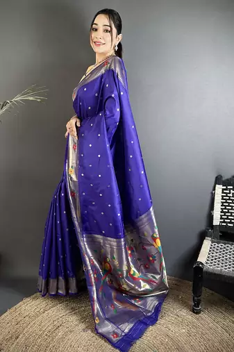Women royal blue parrot & floral woven design lichi silk saree
