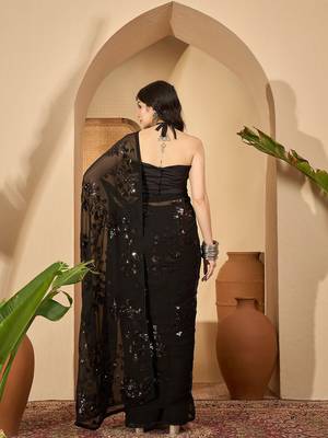 Women gorgette black zari lace work saree 4