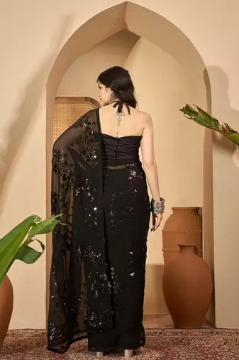 Women gorgette black zari lace work saree