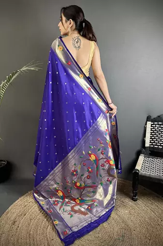 Women royal blue parrot & floral woven design lichi silk saree