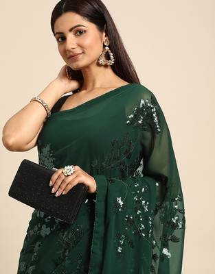 Women gorgette green zari lace work saree 3
