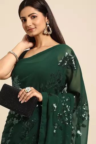 Women gorgette green zari lace work saree