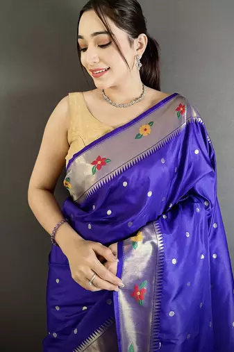 Women royal blue parrot & floral woven design lichi silk saree