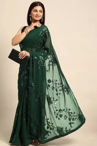 Women gorgette green zari lace work saree