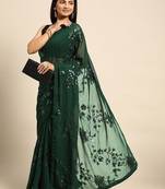 Women gorgette green zari lace work saree
