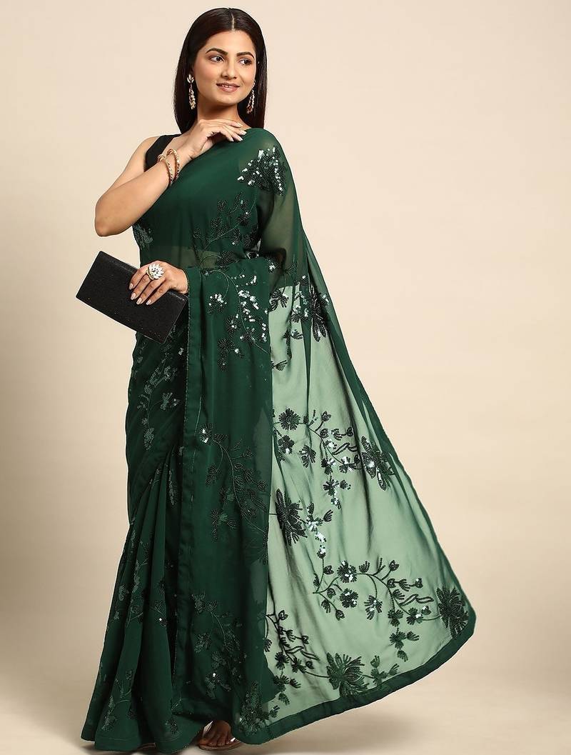Women gorgette green zari lace work saree