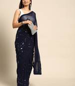 Women gorgette nblue zari lace work saree