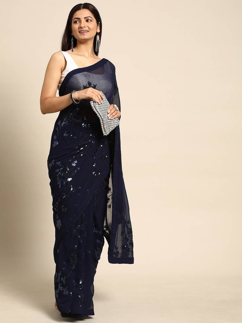 Women gorgette nblue zari lace work saree