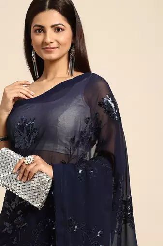 Women gorgette nblue zari lace work saree