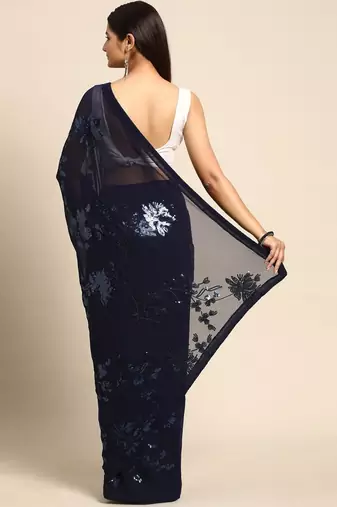 Women gorgette nblue zari lace work saree