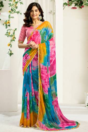 Women gorgette multi color zari lace work saree