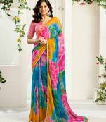 Women gorgette multi color zari lace work saree