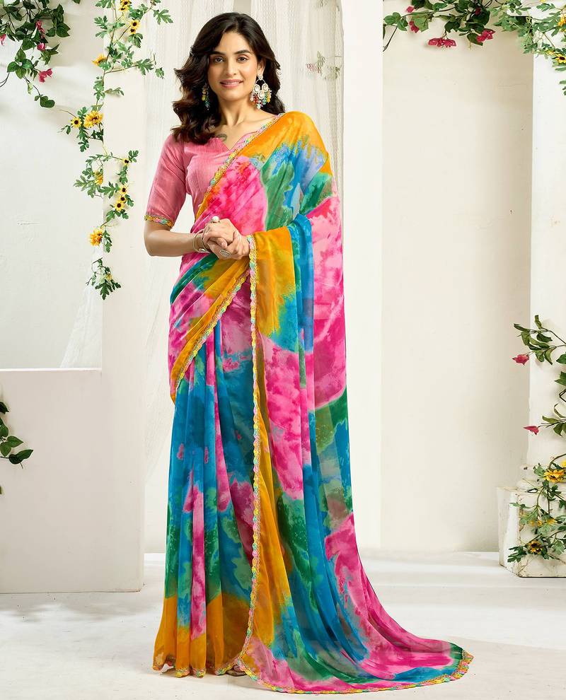 Women gorgette multi color zari lace work saree