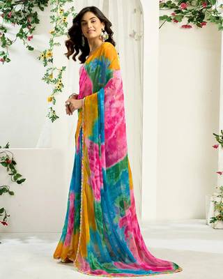 Women gorgette multi color zari lace work saree 2