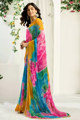 Women gorgette multi color zari lace work saree