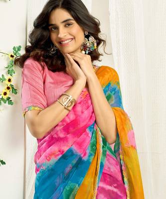 Women gorgette multi color zari lace work saree 3